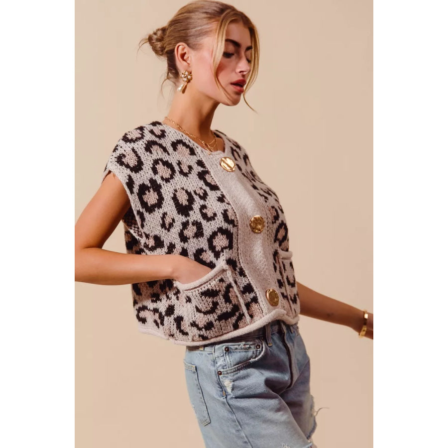 SO ME Big Metal Button Front Leopard Sweater Vest Top Apparel and Accessories