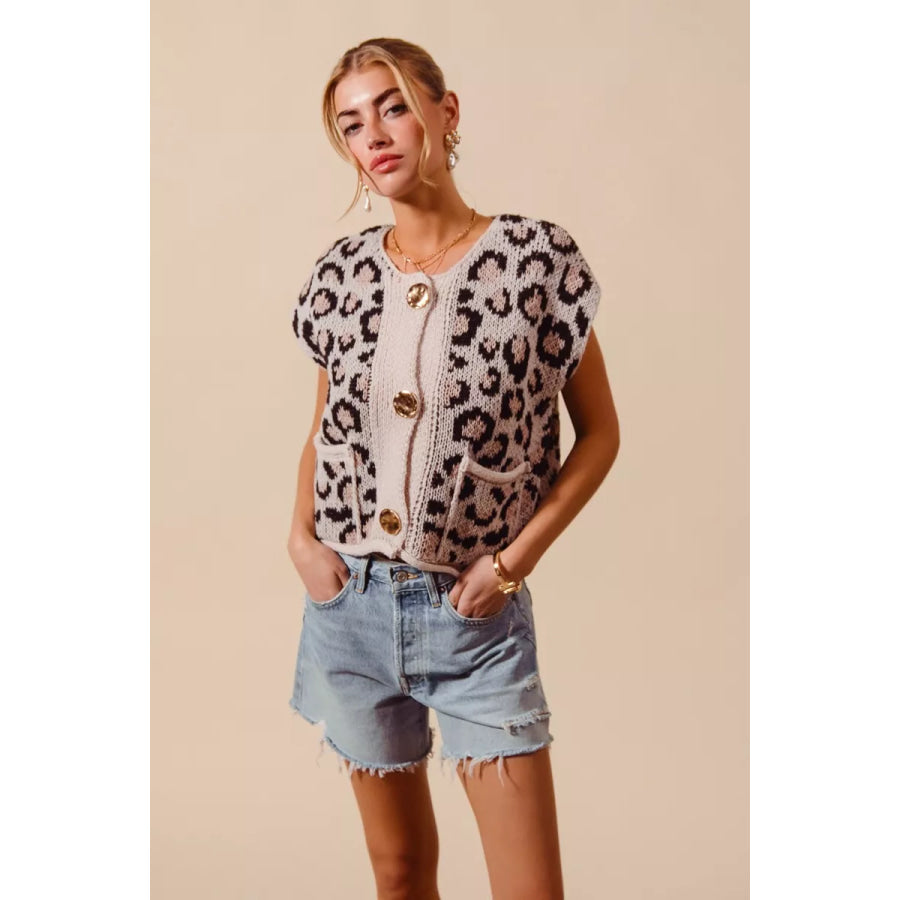 SO ME Big Metal Button Front Leopard Sweater Vest Top Apparel and Accessories