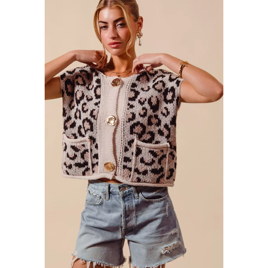 SO ME Big Metal Button Front Leopard Sweater Vest Top Apparel and Accessories