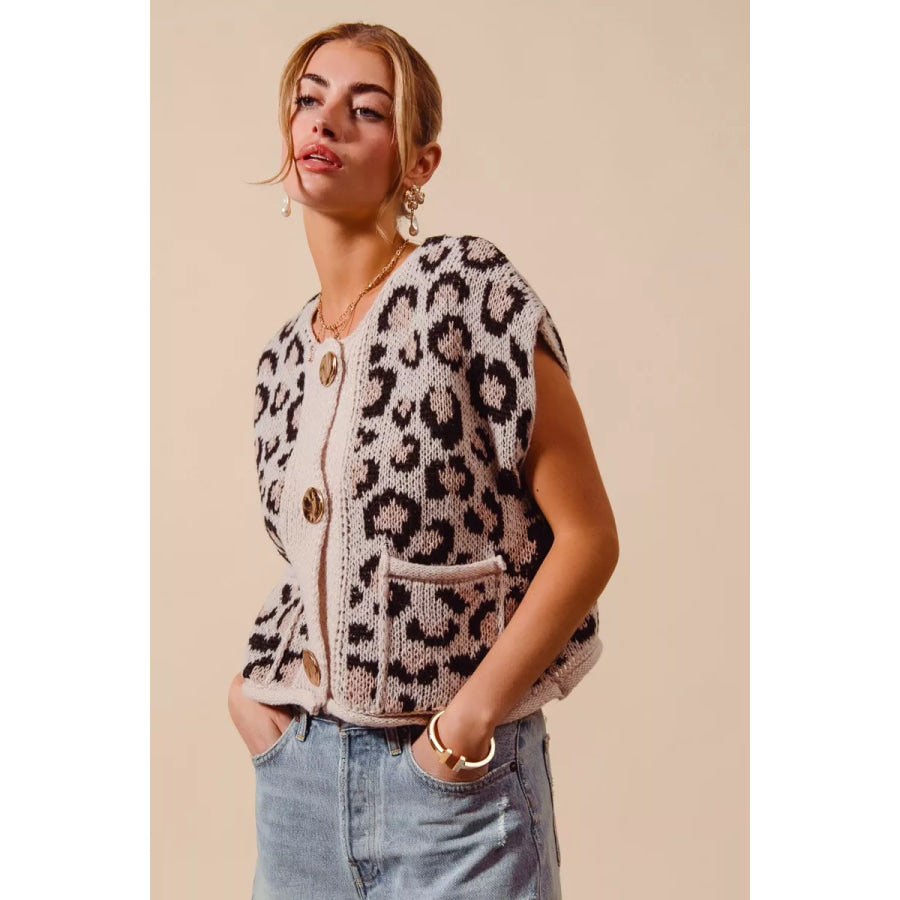 SO ME Big Metal Button Front Leopard Sweater Vest Top Apparel and Accessories