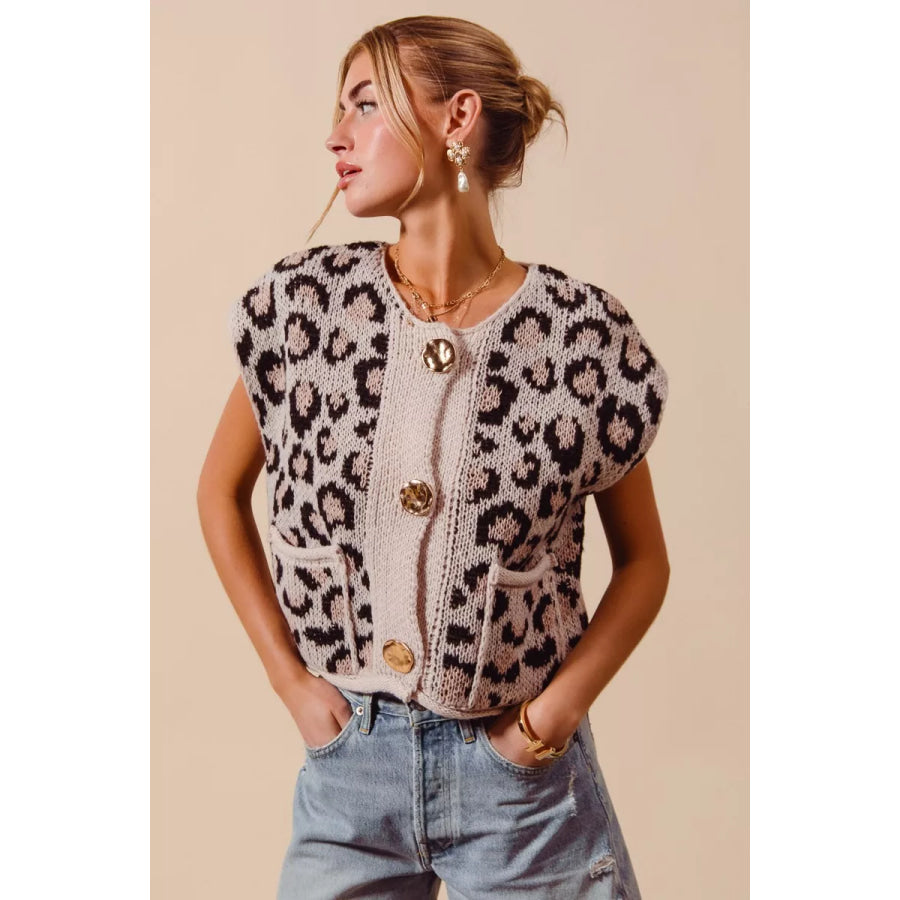 SO ME Big Metal Button Front Leopard Sweater Vest Top Apparel and Accessories