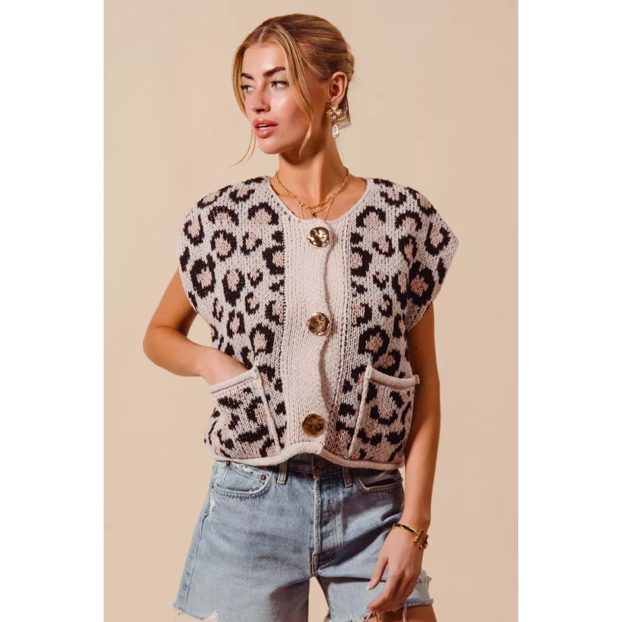 SO ME Big Metal Button Front Leopard Sweater Vest Top LEOPARD / S Apparel and Accessories