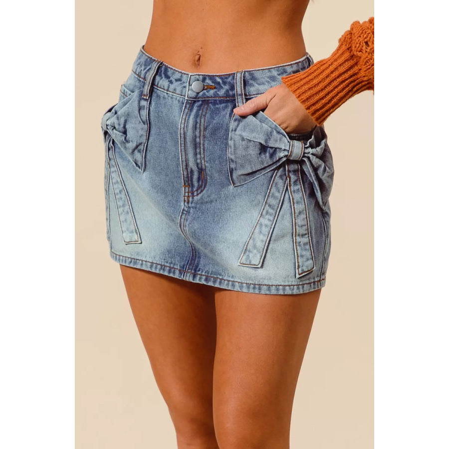 SO ME Bow Knot Pocket Denim Mini Skirt Apparel and Accessories