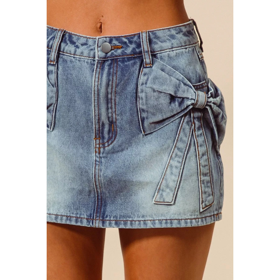 SO ME Bow Knot Pocket Denim Mini Skirt Apparel and Accessories