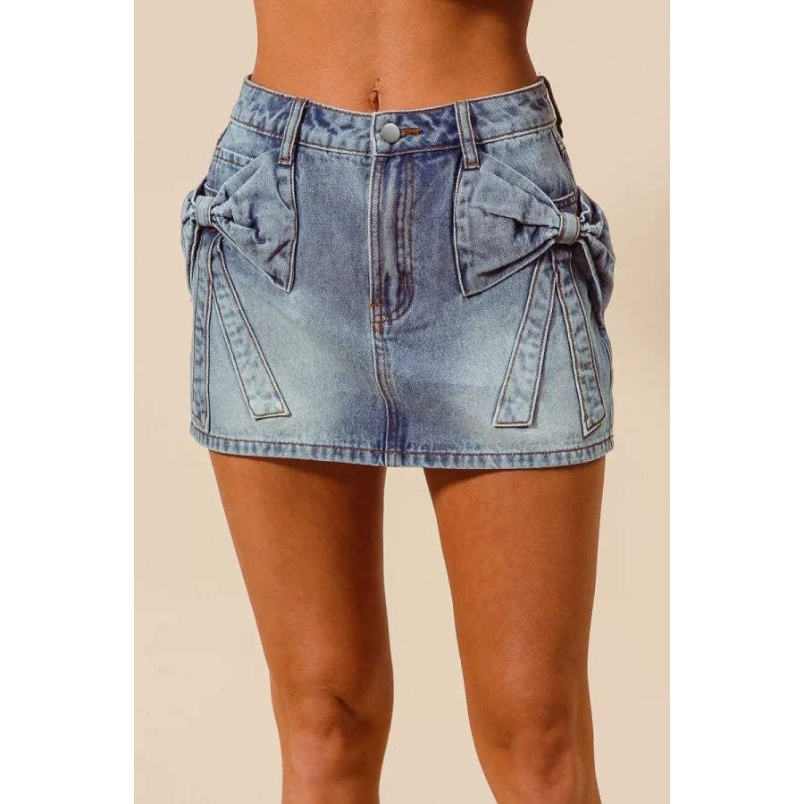 SO ME Bow Knot Pocket Denim Mini Skirt DENIM / S Apparel and Accessories