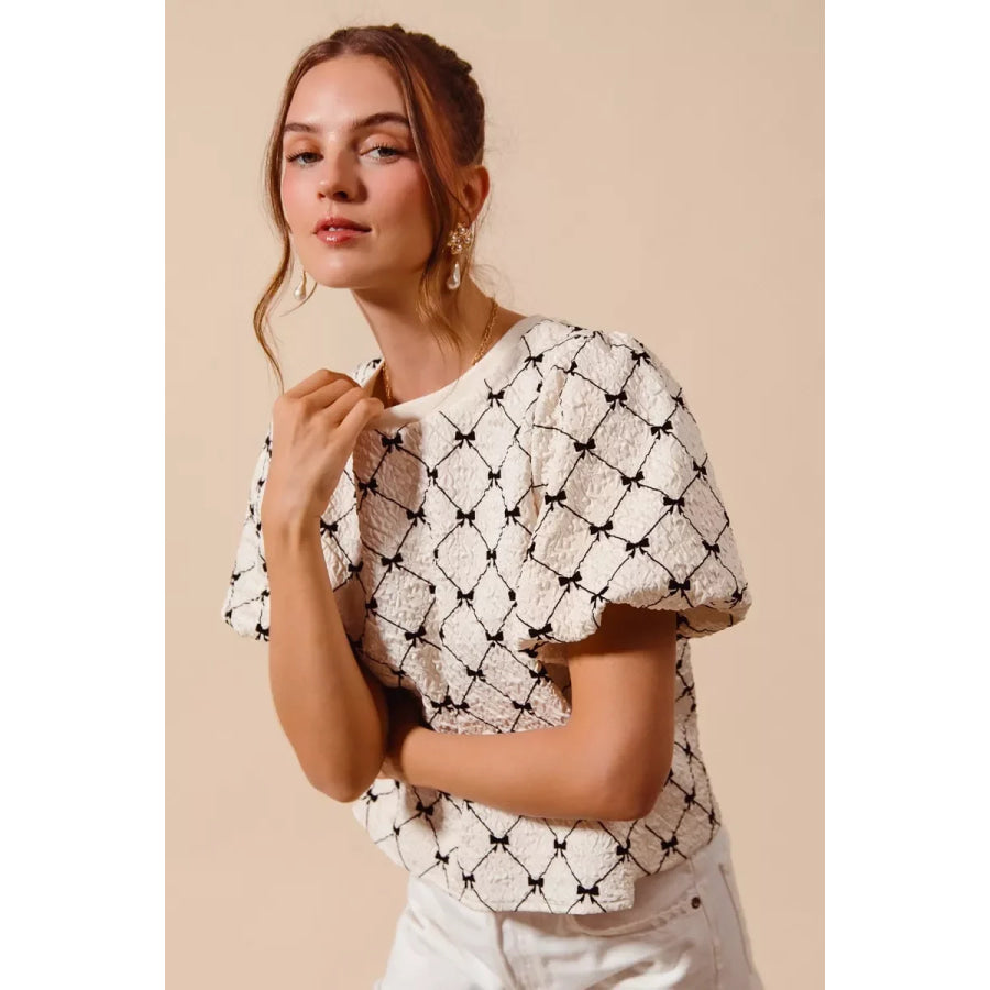 SO ME Bow Texture Woven Bubble Sleeve Top Apparel and Accessories