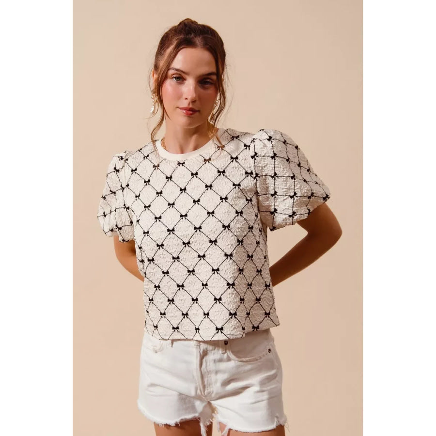 SO ME Bow Texture Woven Bubble Sleeve Top Apparel and Accessories