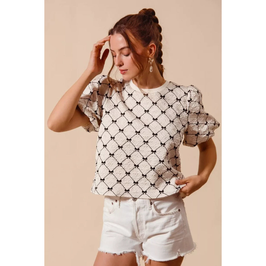 SO ME Bow Texture Woven Bubble Sleeve Top Apparel and Accessories