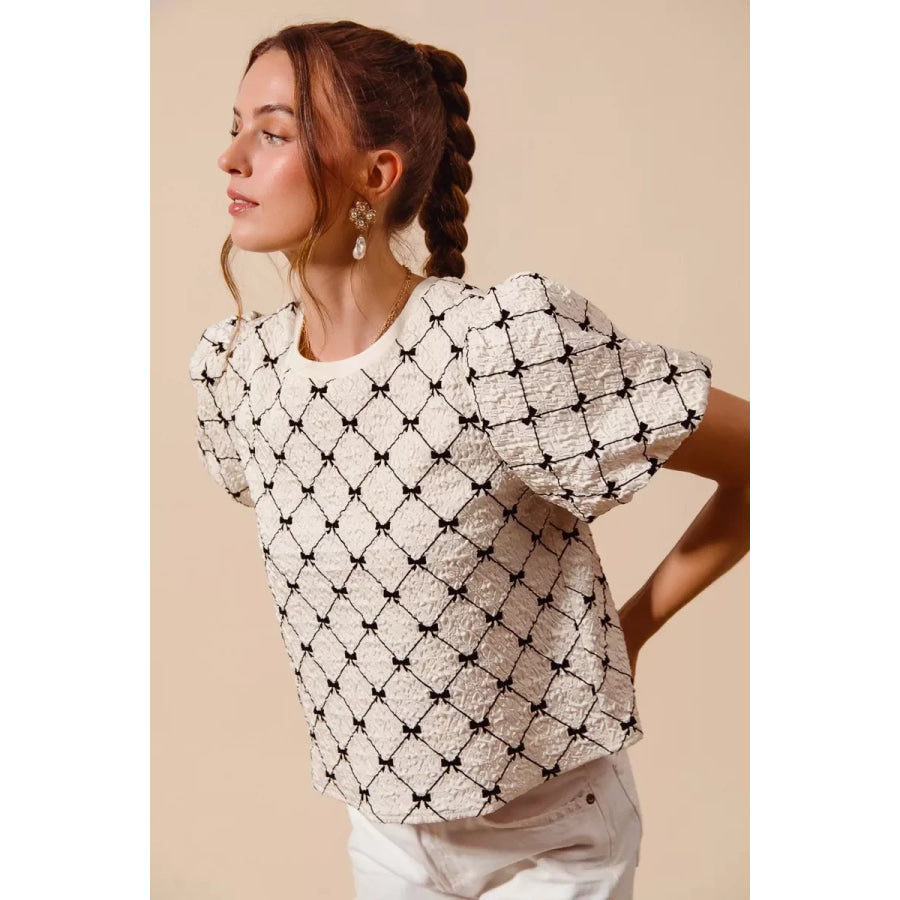 SO ME Bow Texture Woven Bubble Sleeve Top Apparel and Accessories