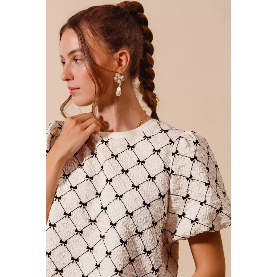 SO ME Bow Texture Woven Bubble Sleeve Top Apparel and Accessories