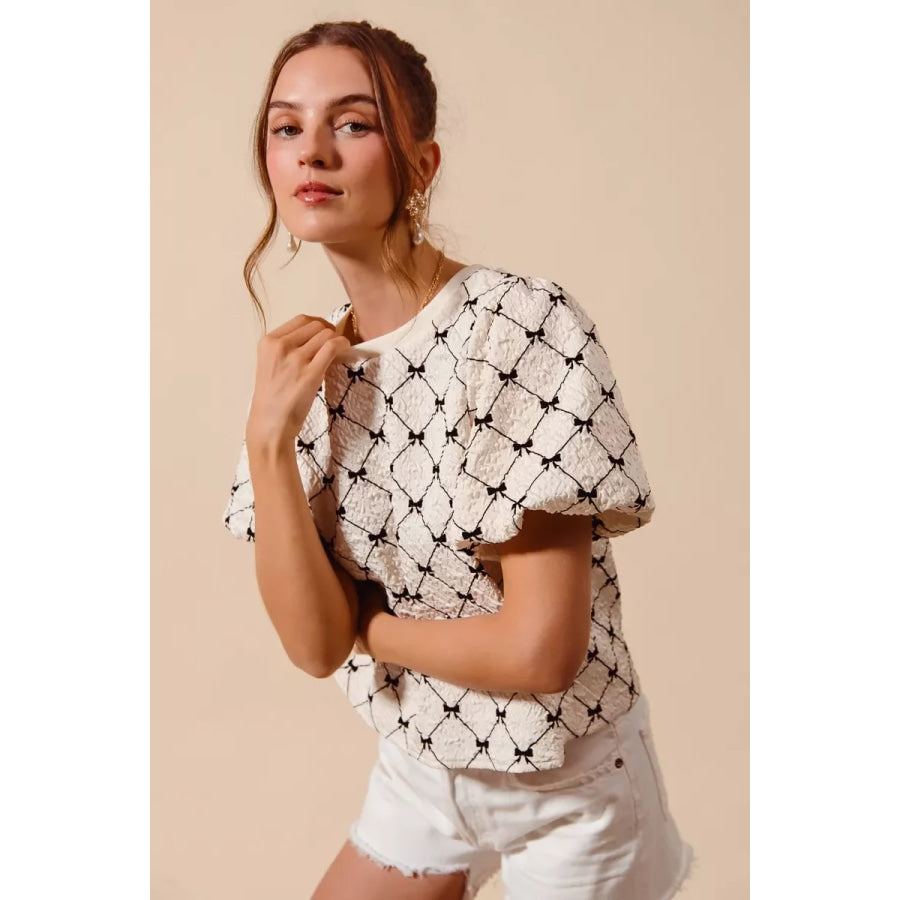 SO ME Bow Texture Woven Bubble Sleeve Top Apparel and Accessories