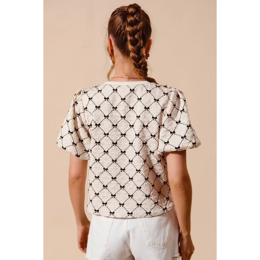 SO ME Bow Texture Woven Bubble Sleeve Top Apparel and Accessories