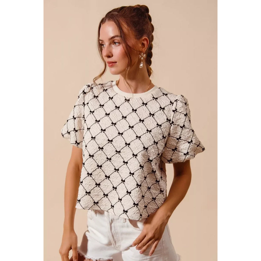 SO ME Bow Texture Woven Bubble Sleeve Top IVORY / S Apparel and Accessories