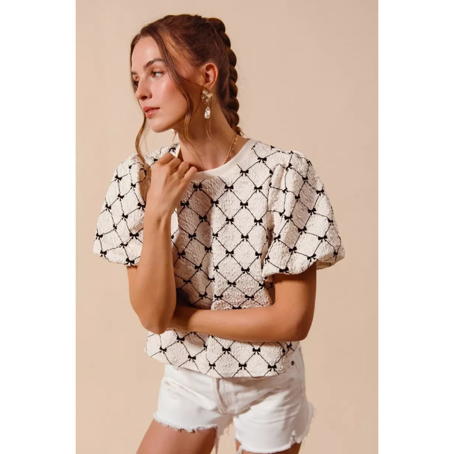 SO ME Bow Texture Woven Bubble Sleeve Top Apparel and Accessories