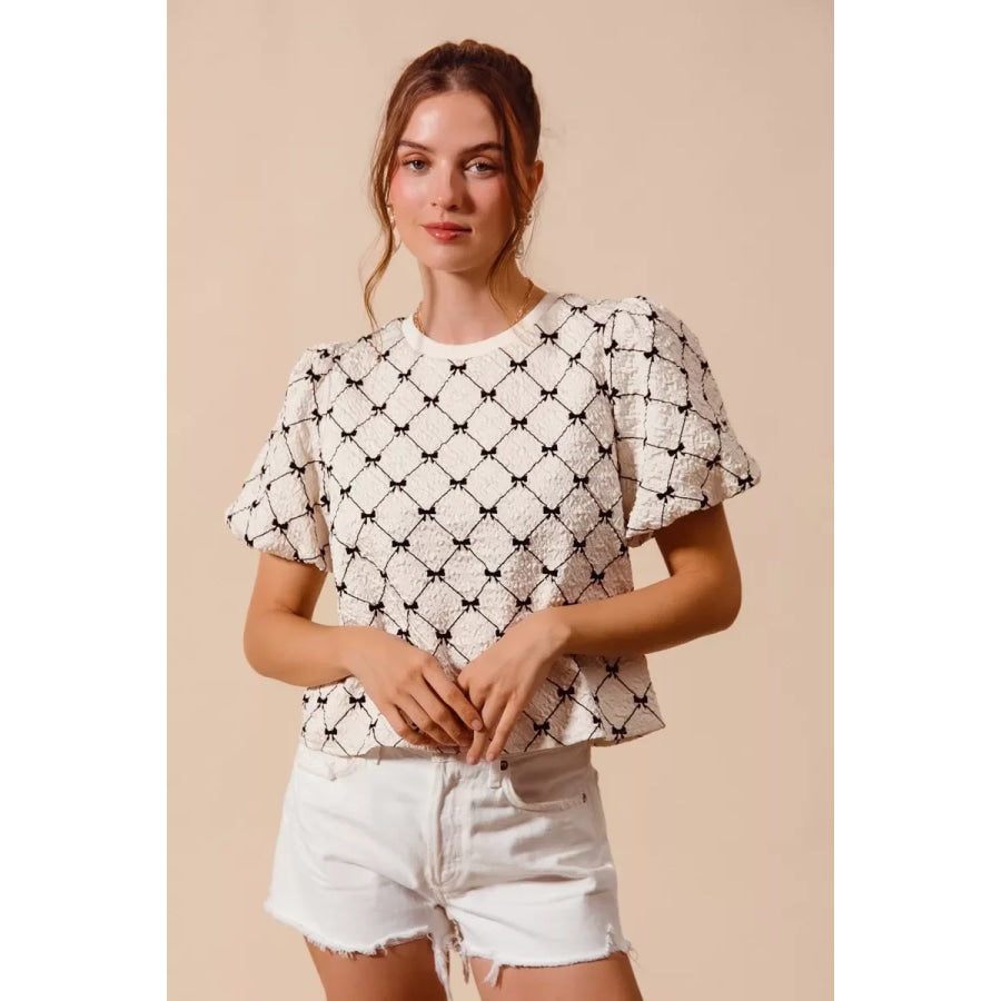 SO ME Bow Texture Woven Bubble Sleeve Top IVORY / S Apparel and Accessories