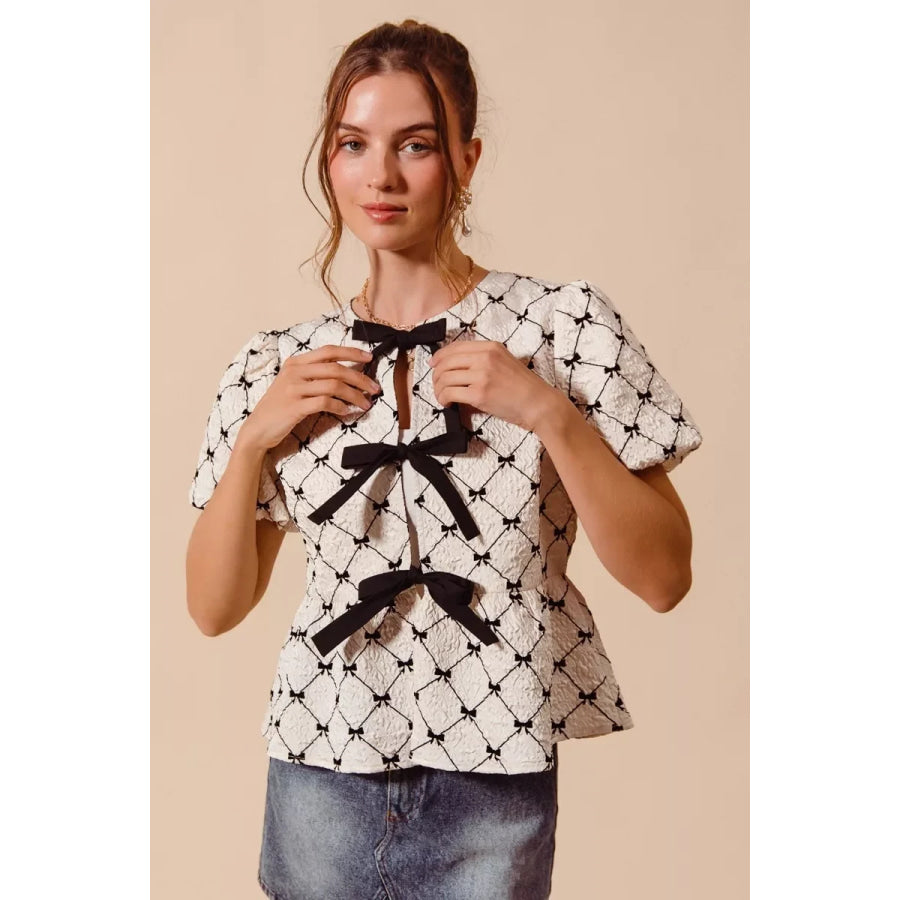 SO ME Bow Texture Woven Peplum Top With Contrast Tie IVORY / S Apparel and Accessories