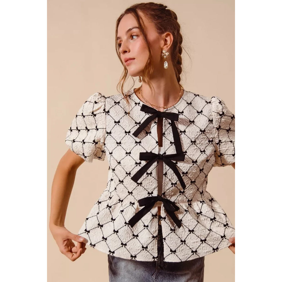 SO ME Bow Texture Woven Peplum Top With Contrast Tie Apparel and Accessories