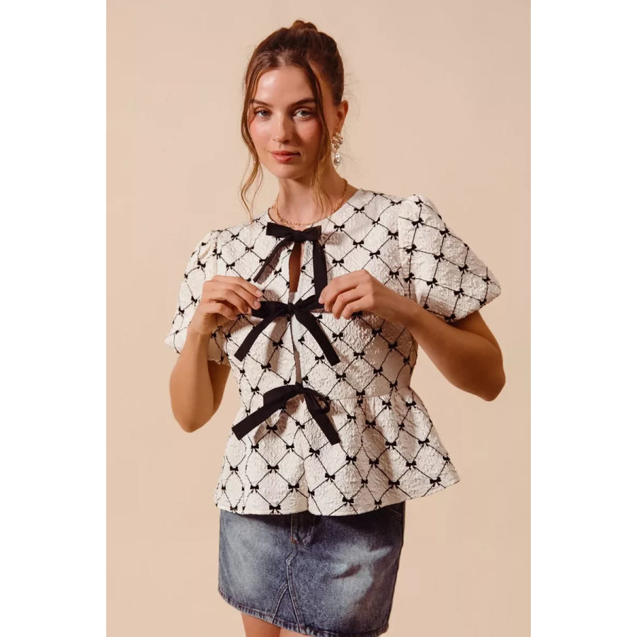SO ME Bow Texture Woven Peplum Top With Contrast Tie Apparel and Accessories