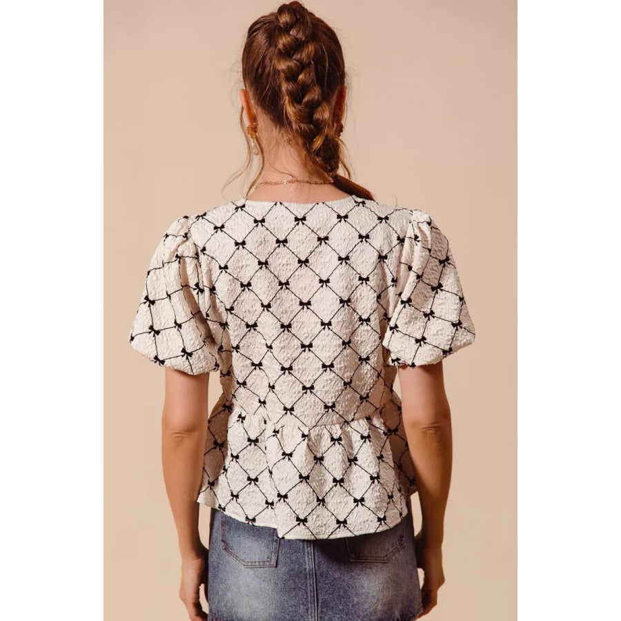 SO ME Bow Texture Woven Peplum Top With Contrast Tie Apparel and Accessories