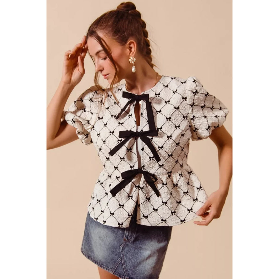 SO ME Bow Texture Woven Peplum Top With Contrast Tie Apparel and Accessories