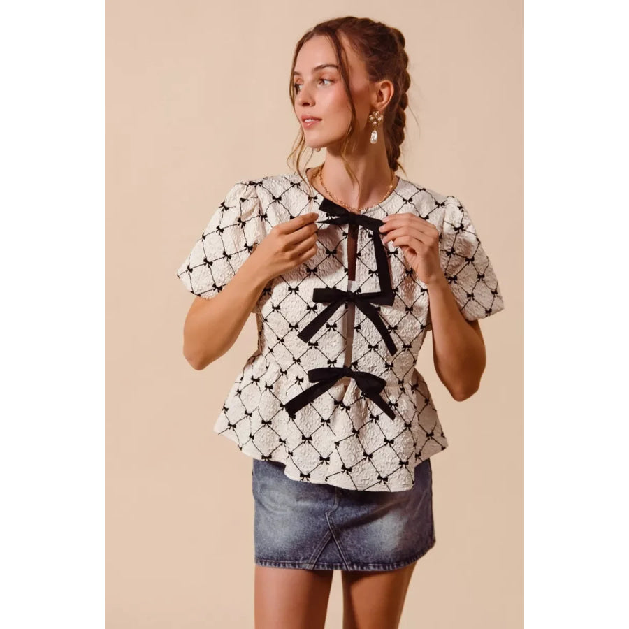 SO ME Bow Texture Woven Peplum Top With Contrast Tie Apparel and Accessories