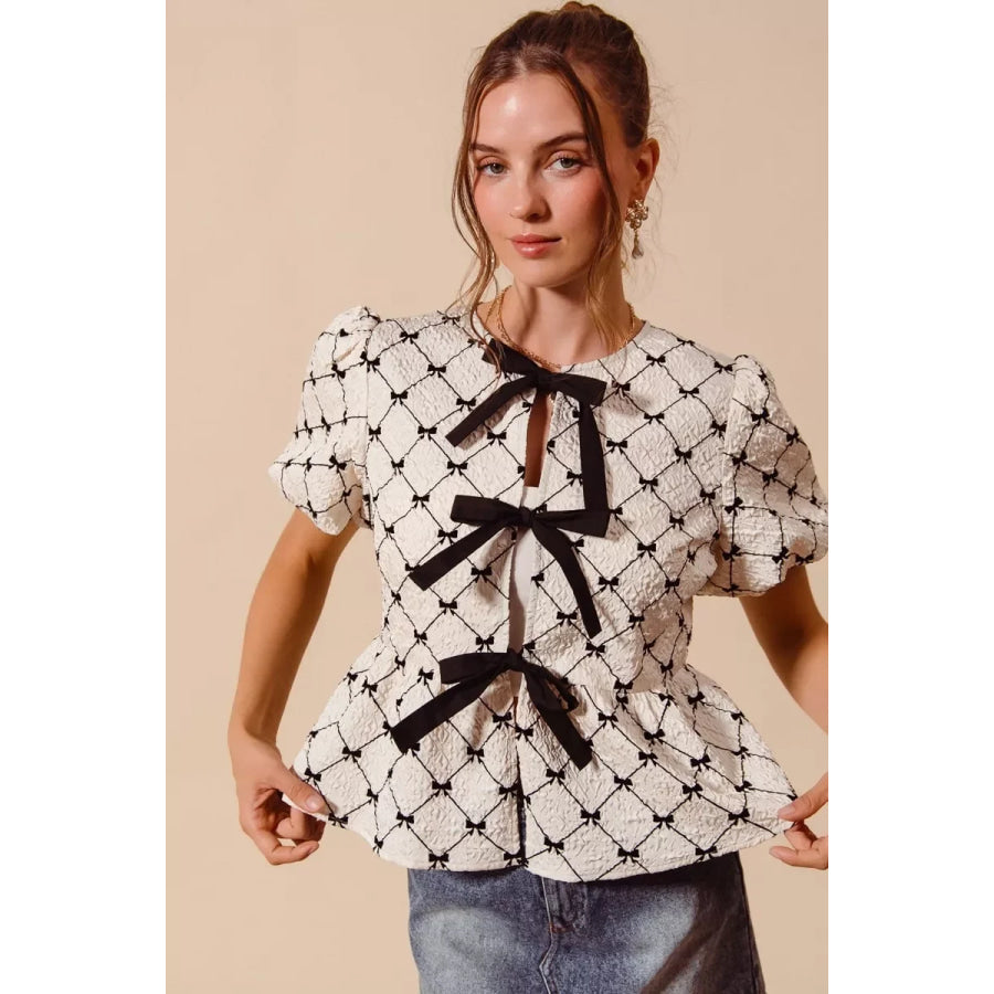 SO ME Bow Texture Woven Peplum Top With Contrast Tie Apparel and Accessories