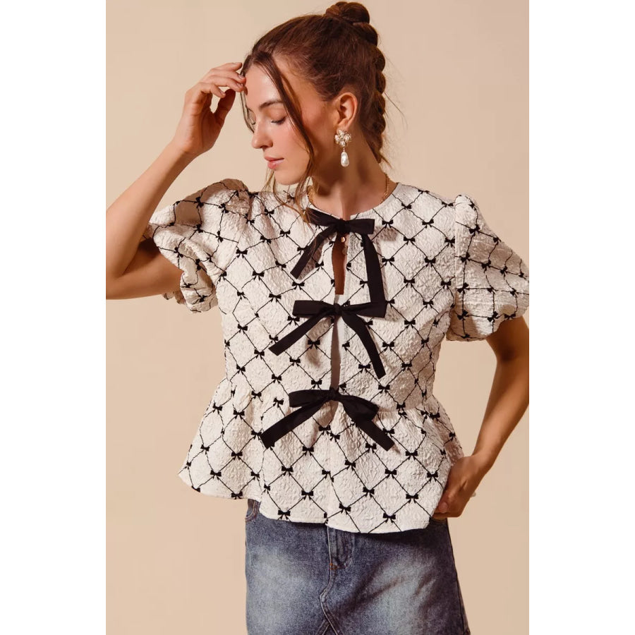 SO ME Bow Texture Woven Peplum Top With Contrast Tie Apparel and Accessories