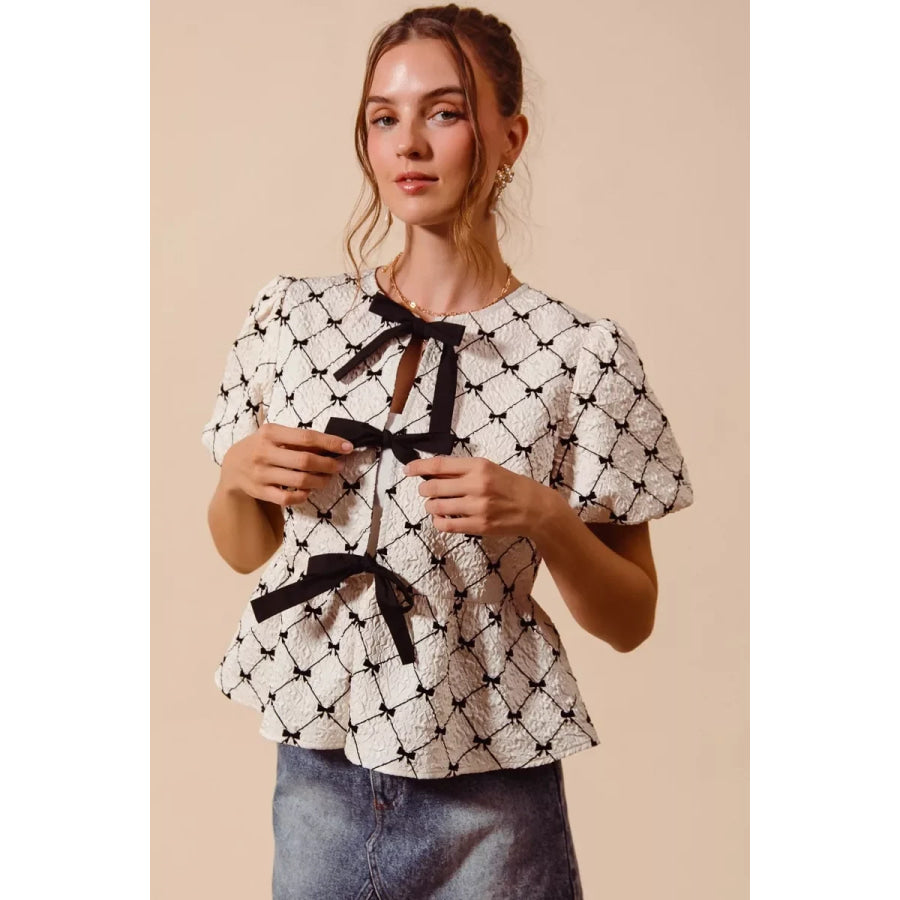 SO ME Bow Texture Woven Peplum Top With Contrast Tie IVORY / S Apparel and Accessories
