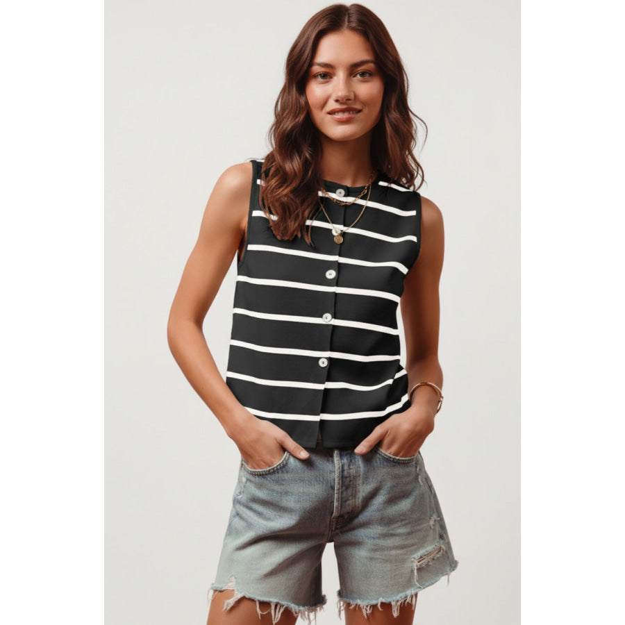 SO ME Button Front Stripe Fine Sweater Sleeveless Top Apparel and Accessories