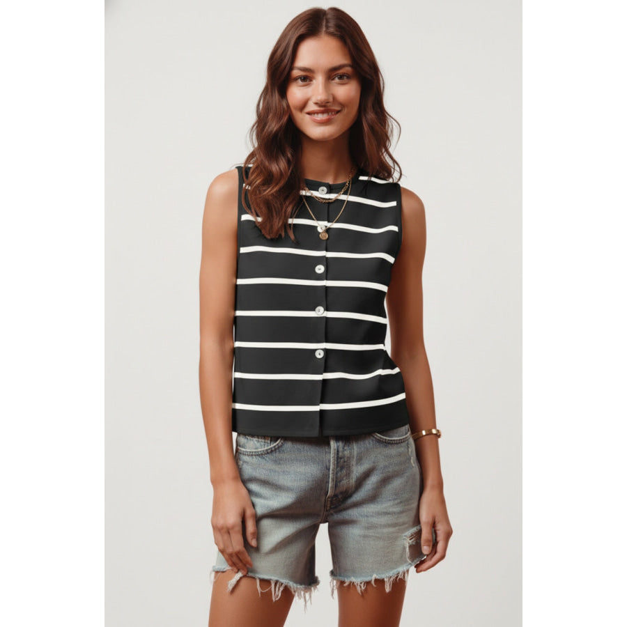 SO ME Button Front Stripe Fine Sweater Sleeveless Top Apparel and Accessories