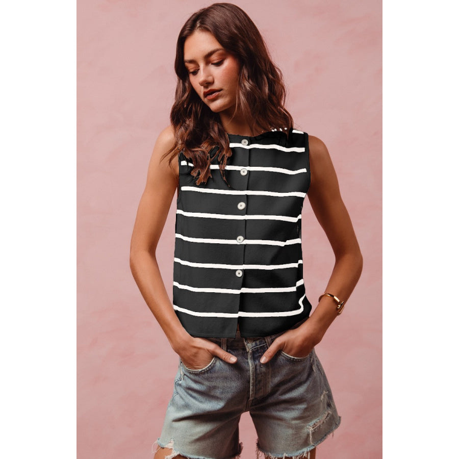 SO ME Button Front Stripe Fine Sweater Sleeveless Top BLACK/OFF WHITE / S Apparel and Accessories