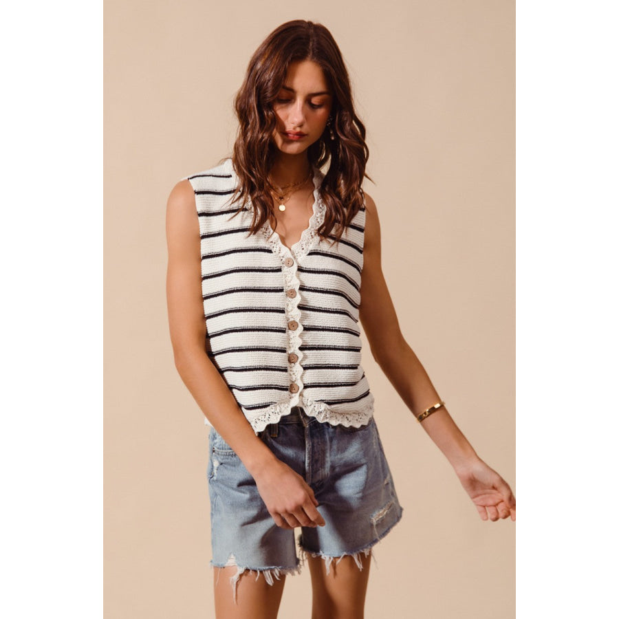 SO ME Buttoned Front Stripe Texture Knitted Sweater Vest Apparel and Accessories