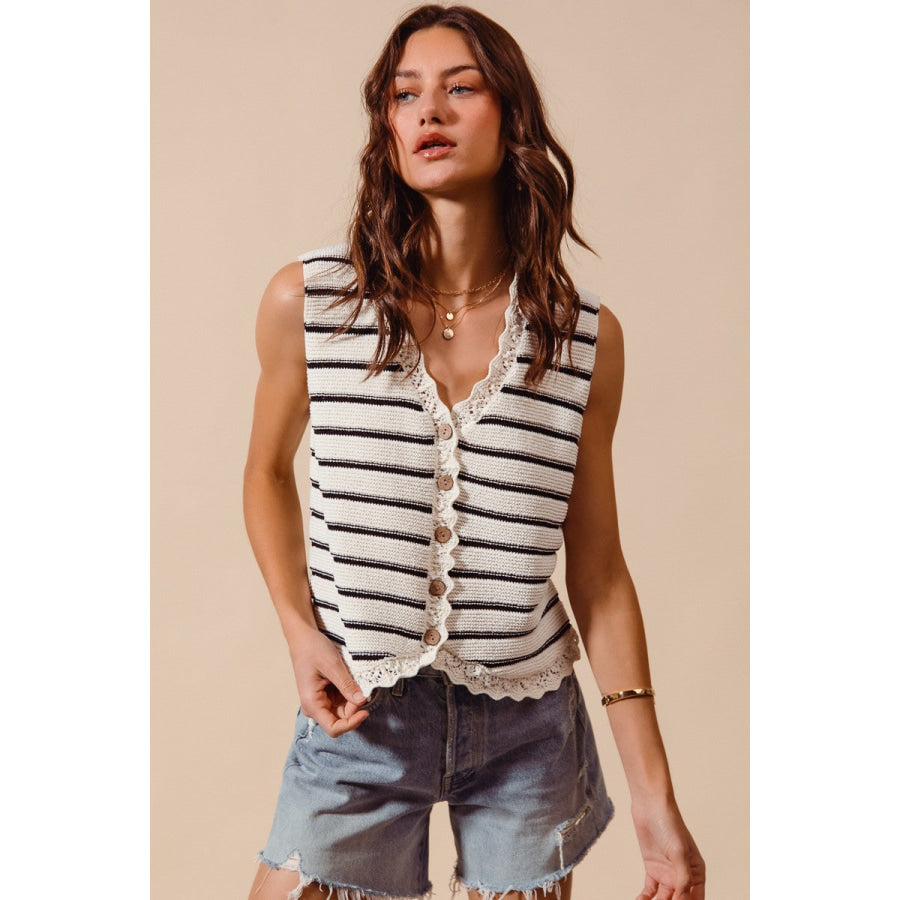 SO ME Buttoned Front Stripe Texture Knitted Sweater Vest Apparel and Accessories