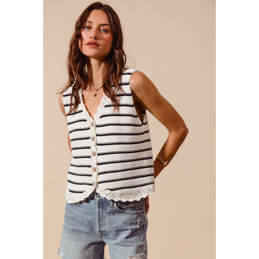 SO ME Buttoned Front Stripe Texture Knitted Sweater Vest OFF WHITE/BLACK / S Apparel and Accessories