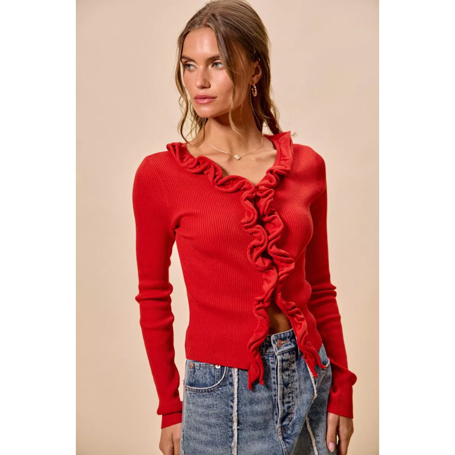 SO ME Cascade Ruffle Ribbed Sweater Cardgian Apparel and Accessories