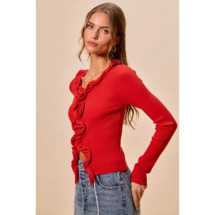 SO ME Cascade Ruffle Ribbed Sweater Cardgian Apparel and Accessories