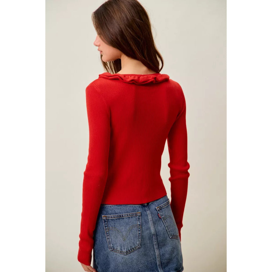 SO ME Cascade Ruffle Ribbed Sweater Cardgian Apparel and Accessories