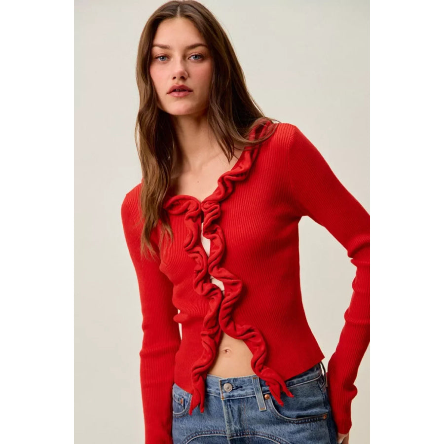 SO ME Cascade Ruffle Ribbed Sweater Cardgian Apparel and Accessories