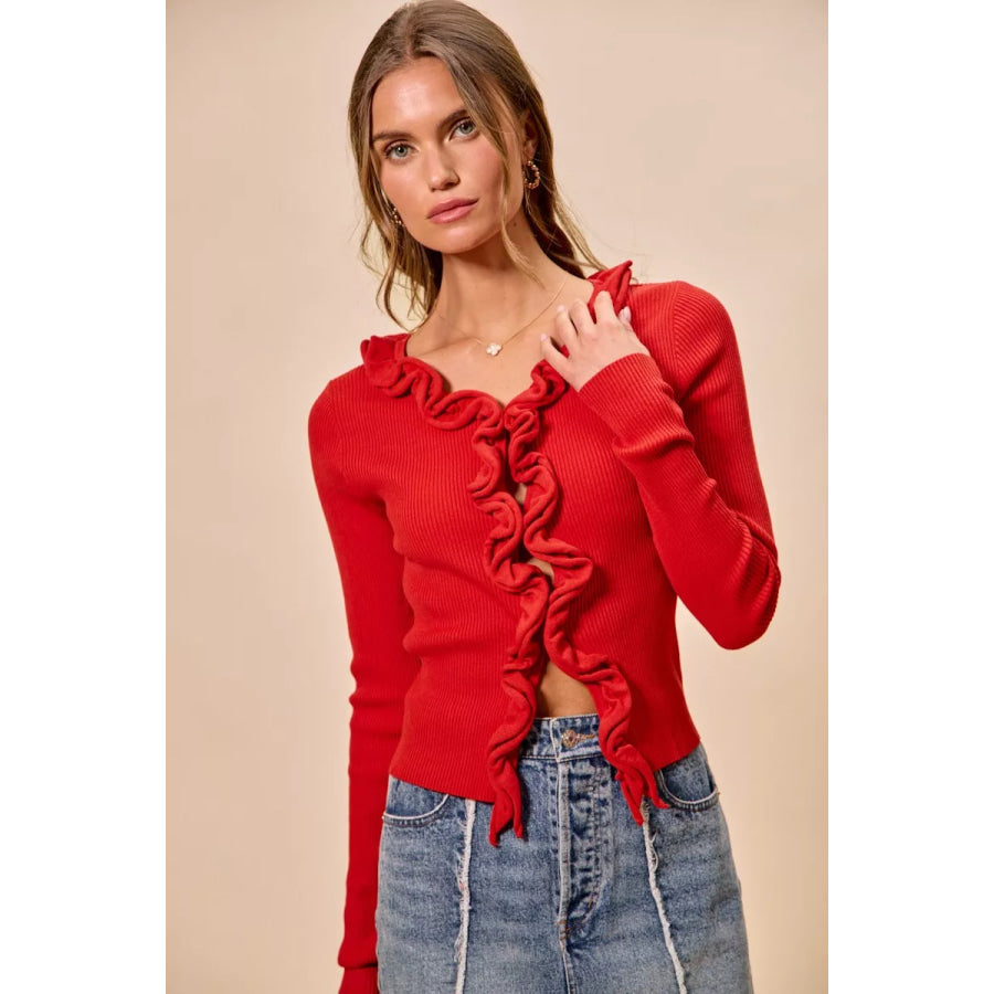SO ME Cascade Ruffle Ribbed Sweater Cardgian Apparel and Accessories