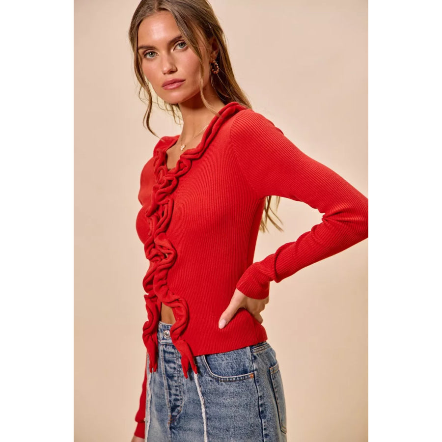SO ME Cascade Ruffle Ribbed Sweater Cardgian Apparel and Accessories