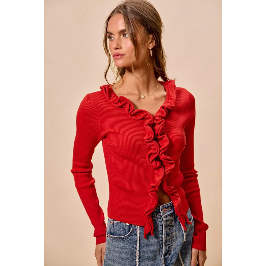 SO ME Cascade Ruffle Ribbed Sweater Cardgian Apparel and Accessories