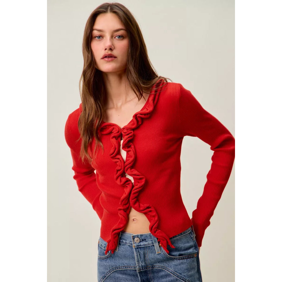 SO ME Cascade Ruffle Ribbed Sweater Cardgian Apparel and Accessories