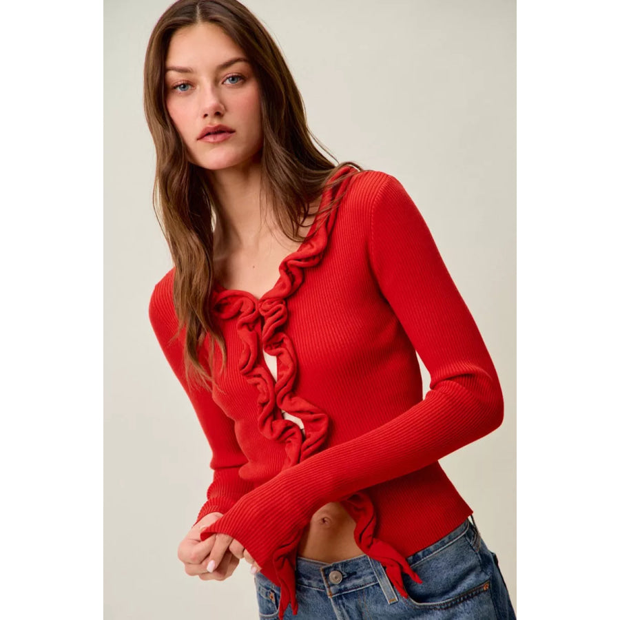 SO ME Cascade Ruffle Ribbed Sweater Cardgian Apparel and Accessories