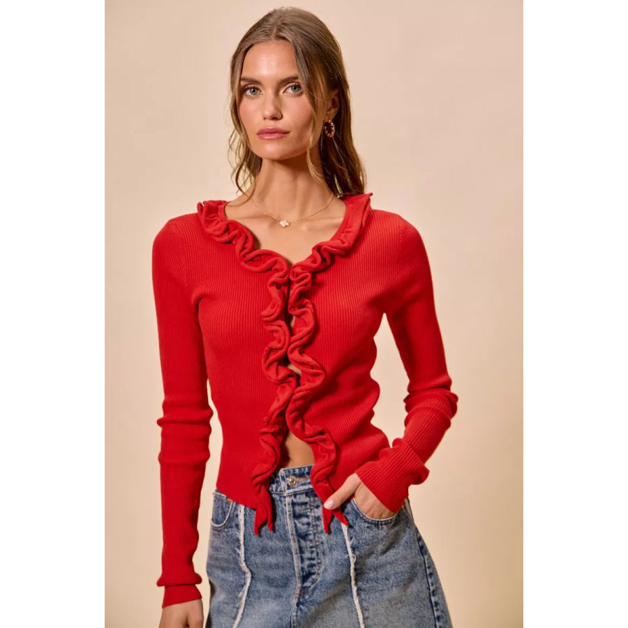 SO ME Cascade Ruffle Ribbed Sweater Cardgian Apparel and Accessories