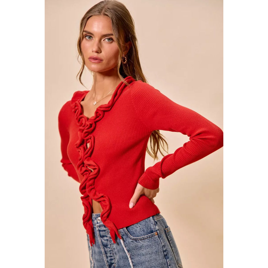 SO ME Cascade Ruffle Ribbed Sweater Cardgian Apparel and Accessories