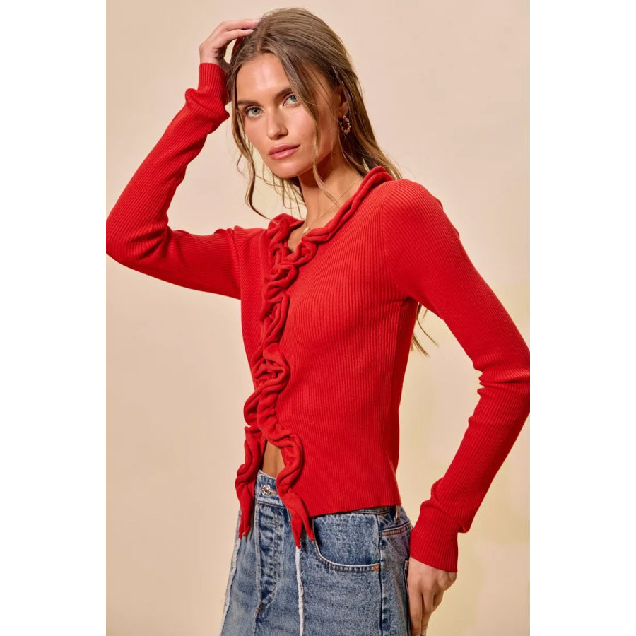 SO ME Cascade Ruffle Ribbed Sweater Cardgian Apparel and Accessories