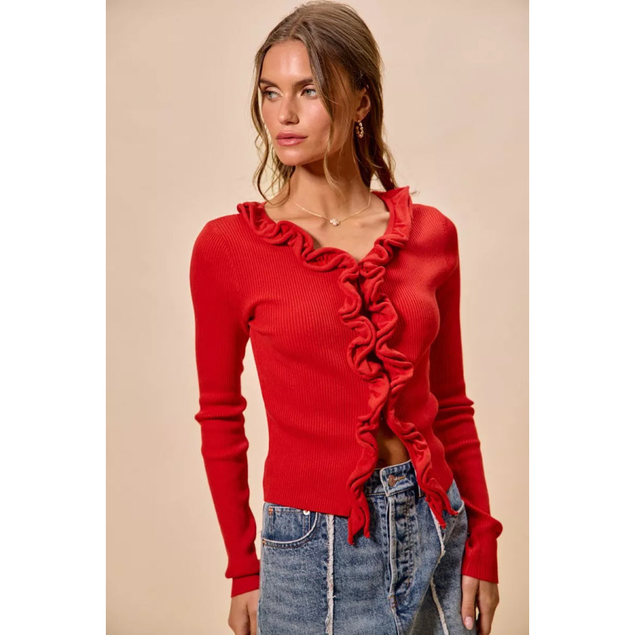 SO ME Cascade Ruffle Ribbed Sweater Cardgian Apparel and Accessories