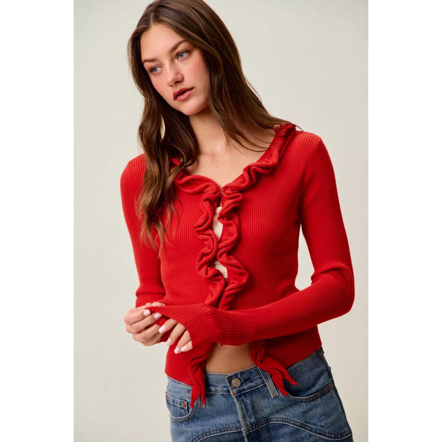 SO ME Cascade Ruffle Ribbed Sweater Cardgian Apparel and Accessories