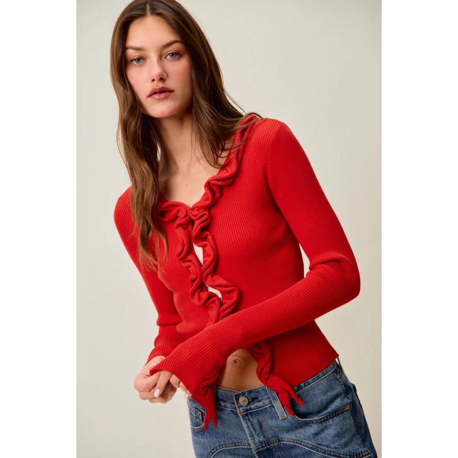 SO ME Cascade Ruffle Ribbed Sweater Cardgian Apparel and Accessories