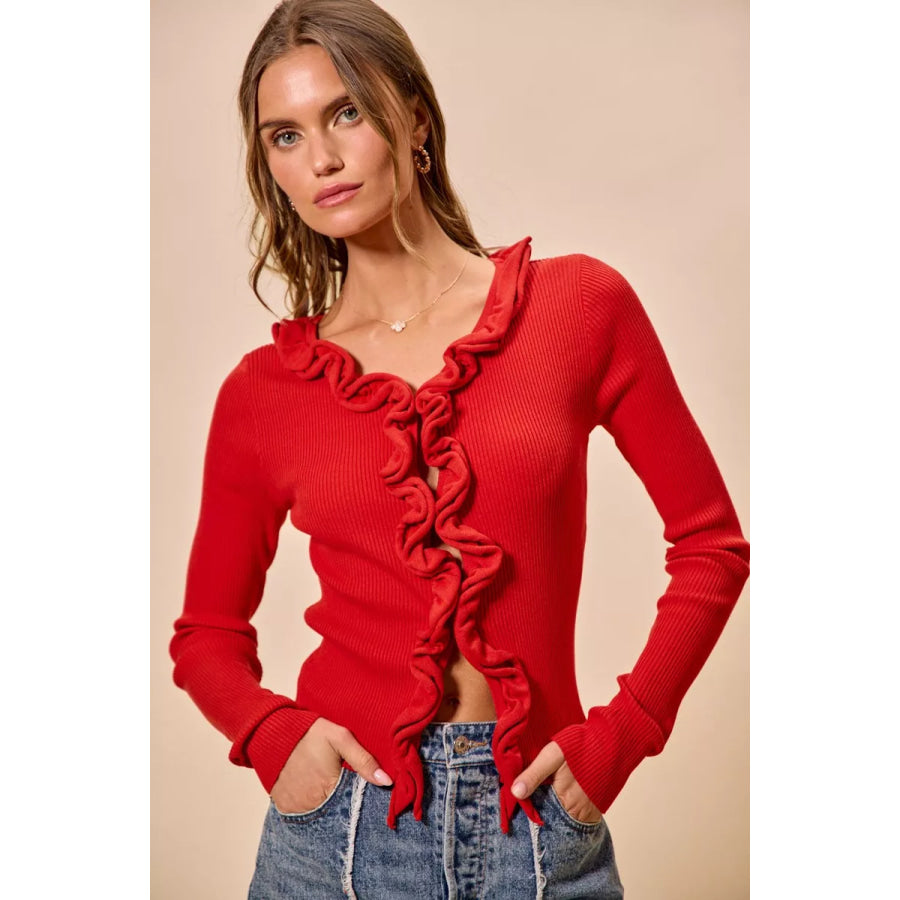 SO ME Cascade Ruffle Ribbed Sweater Cardgian Apparel and Accessories